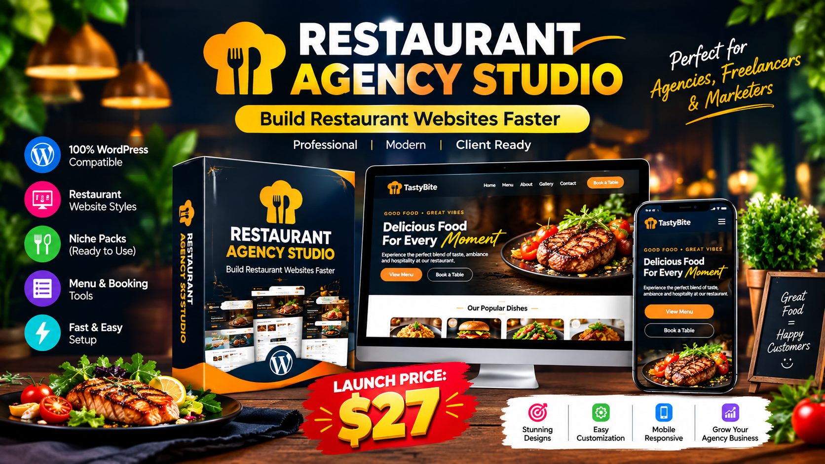 Restaurant Agency Studio Review dashboard and website mockup